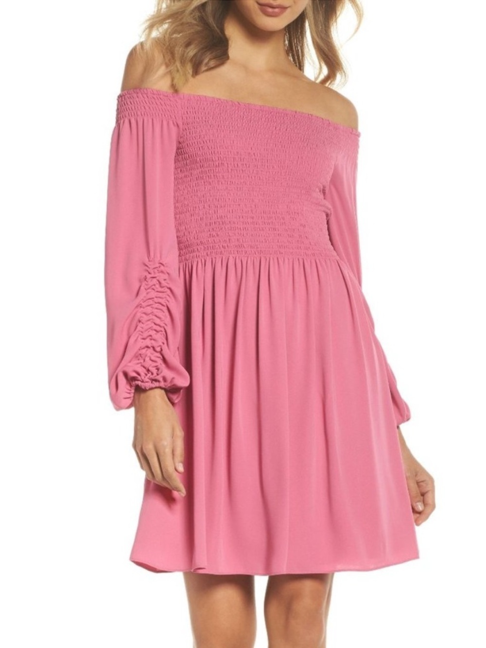 Kobi Halperin Pink Smocked Off Shoulder Dress New Size Small